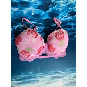 👙Jezebel Pink Floral Rose Print Lace Trim Push Up Bra 36C J5780